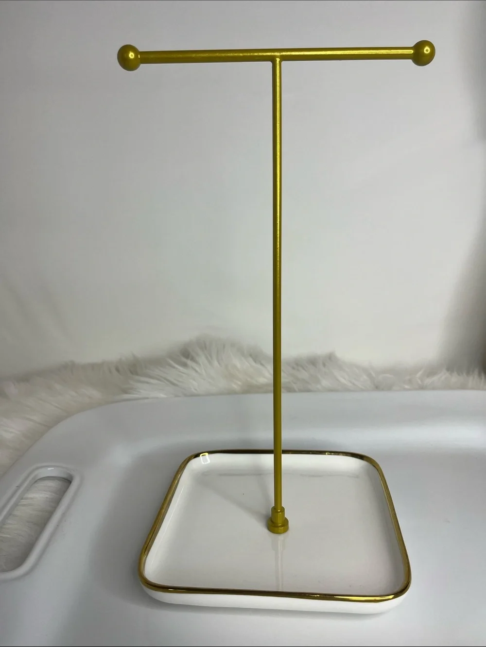Gold Jewelry Stand with Ceramic White Tray - Home Bath